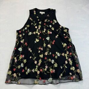 Chenault Blouse Womens Large Black Floral Embroidered Mesh Sleeveless Tie Neck